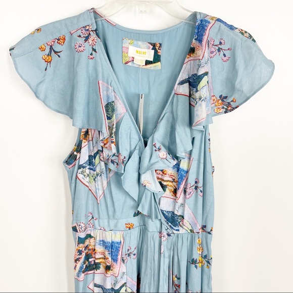 Maeve Dresses & Skirts - NWT Maeve Anthropologie Rosalia Wrap Dress Size 8 Blue Bird Print Ruffle